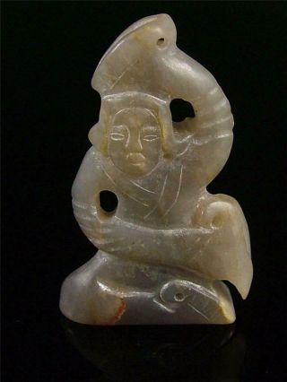 Fine Old Chinese Celadon Nephrite Jade Pendant Netsuke Toggle Dancing Lady