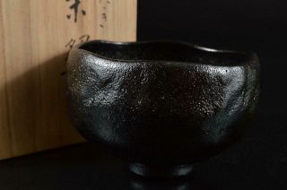 S1475:japanese Raku - Ware Black Glaze Tea Bowl Green Tea Tool,  Auto W/signed Box