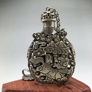 Chinese Ancient Tibetan Silver Snuff Bottle Hand - Carved Chinese Dragon Pattern.