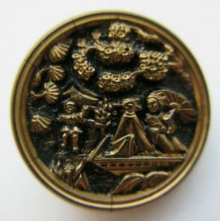 Pristine Antique Vtg Victorian Black Glass Picture Button Oriental Theme (ab)