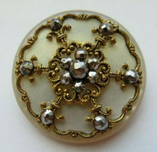 Breathtaking Antique Vtg Victorian Carved Mop Shell Button W/ Cut Steels (ab)
