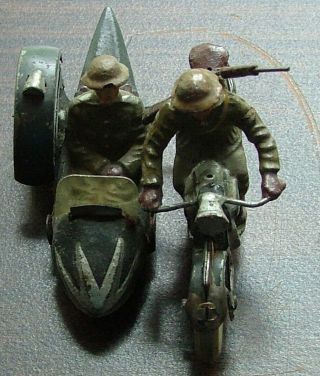 Tin Toy Military Soldiers On Motorcycle And Sidecar Vintage