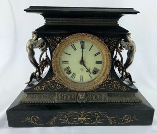 Antique Ansonia Iron Case Mantle Clock With Winged Ladies