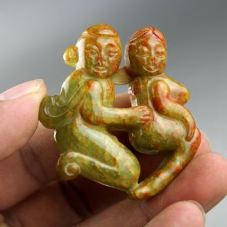 2  China Old Jade Chinese Hand - Carved Ancient Man Woman Statue Pendant 0328