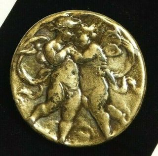 Fabulous Antique Victorian Button 2 Angel Lovers Gold Wash On Metal 1 & 1/8 Aa