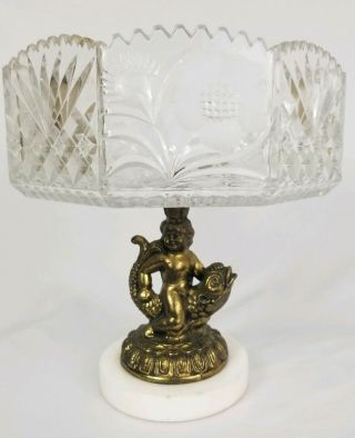 Vintage Crystal Compote Bowl Gold Cherub Koi Fish And Marble Base Victorian