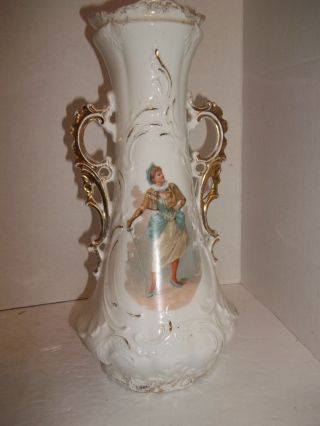 Vintage Porcelain Urn Vase Dbl Handle Victorian Georgia Lady Fencing Pose Rare