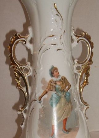 Vintage Porcelain Urn Vase Dbl Handle Victorian Georgia Lady Fencing Pose Rare 2