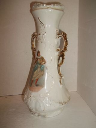 Vintage Porcelain Urn Vase Dbl Handle Victorian Georgia Lady Fencing Pose Rare 3