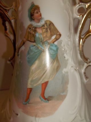Vintage Porcelain Urn Vase Dbl Handle Victorian Georgia Lady Fencing Pose Rare 4