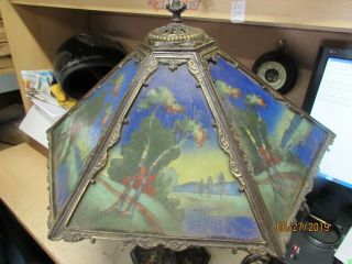 Reverse Painted Lamp Lighted Base 6 Panel BRASS GLASS Shade MISSING 1 1/2 5