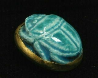 Antique Insect Button Pottery Scarab Beetle In Brass Metal 9/16 W