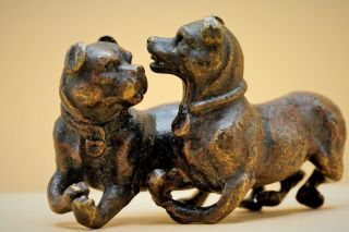 Fine CHINESE Vintage Scholar ' s BRONZE Metal Scroll Paper Weight Pet DOGS Playing 7
