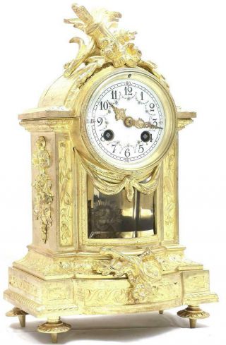 Antique French Mantle Clock Rare Embossed Bronze 8 Day 1880 