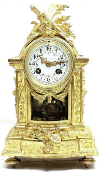 Antique French Mantle Clock Rare Embossed Bronze 8 Day 1880 ' s Bell Striking 2