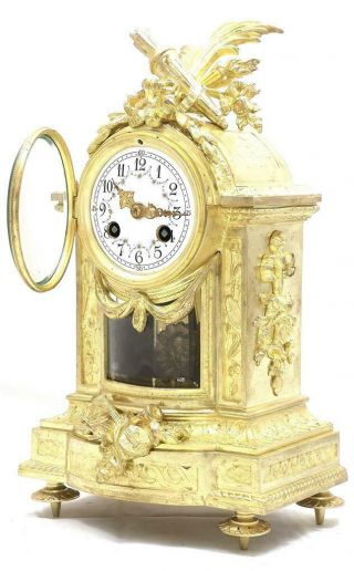 Antique French Mantle Clock Rare Embossed Bronze 8 Day 1880 ' s Bell Striking 3