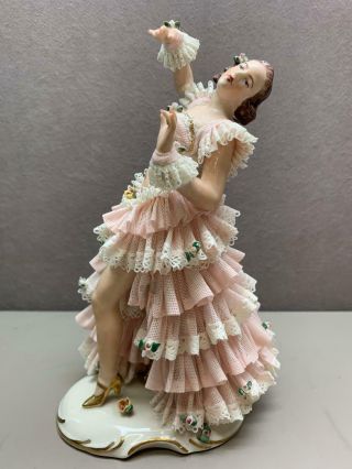 Dresden Germany Lace Porcelain Flamenco Dancer Pink With Roses Gilt Accents