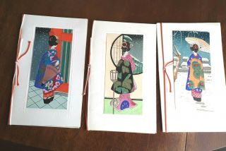 3 Rare Antique Hand Painted Japanese Oriental Christmas Cards Ladies