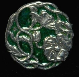 Fabulous Antique Metal Button Silver W Green Enamel Victorian Flowers 1 & 1/8 Aa