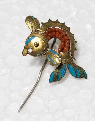 A Qing Dynasty Silver,  Kingfisher & Coral Hair Pin/ornament As A Leaping Fish.