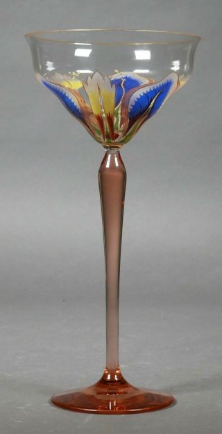 Vintage Art Glass Painted Wine Glass With Leaf Design