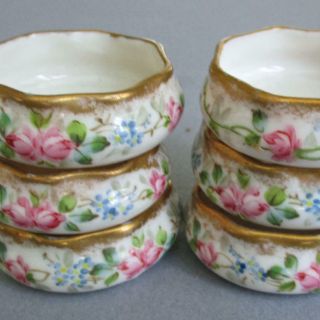 Set 6 Antique Hp Porcelain Open Salts Pink Roses,  Blue Fmns Gold Trim Cac Lenox