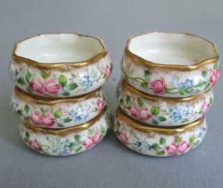 Set 6 Antique HP Porcelain Open Salts PINK ROSES,  Blue FMNs GOLD Trim CAC Lenox 4