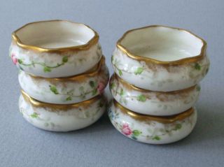 Set 6 Antique HP Porcelain Open Salts PINK ROSES,  Blue FMNs GOLD Trim CAC Lenox 5