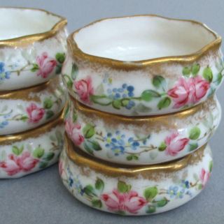 Set 6 Antique HP Porcelain Open Salts PINK ROSES,  Blue FMNs GOLD Trim CAC Lenox 7