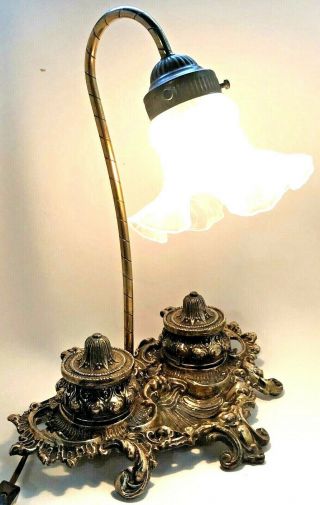 Antique Art Nouveau - Rococo - Gooseneck Brass Desk Lamp With Inkwells - Marked " Bw "