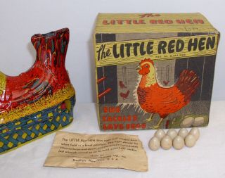 THE LITTLE RED HEN TIN TOY BOXED BY BALDWIN WITH EGGS 2