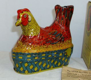 THE LITTLE RED HEN TIN TOY BOXED BY BALDWIN WITH EGGS 3