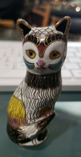 Rare Chinese Old Cloisonne Hand Carved Cat Statue