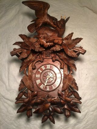 Antique Black Forest Cuckoo Clock.  Eagle & Roe Buck.  W/ Bone Antlers X Large