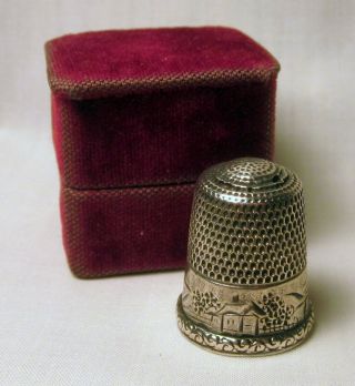 Victorian Large Size 13 Sterling Thimble In Silk Velvet Case Scenic 3 Day Nr