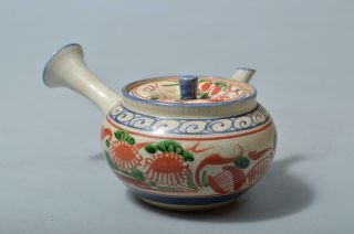 T2662: Japanese Kiyomizu - Ware Colored Porcelain Flower Bird Pattern Teapot Kyusu