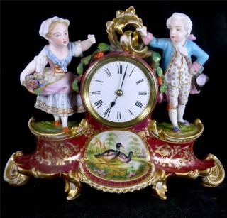 N941 Antique French Paris Porcelain Figure Mantle Clock