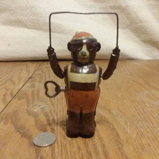 Rare 1940s Mechanical Wind Up Litho Tin Bear Jumping Rope With Key Germany