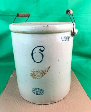 Red Wing Antique Union Stoneware Crock 6 Gallon W/ Wooden Handles