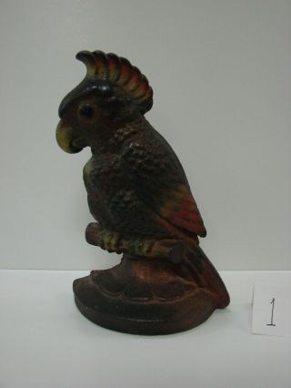 Antique Hubley Cast Iron Cockatoo On A Perch Door Stop