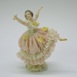 Antique Pink German Porcelain Dresden Lace Ballerina Figure Dollhouse Size