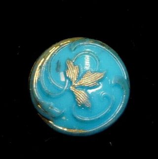 Antique Victorian Glass Button Turquoise Blue W Gold 4 Way Metal Shank 1/2 N