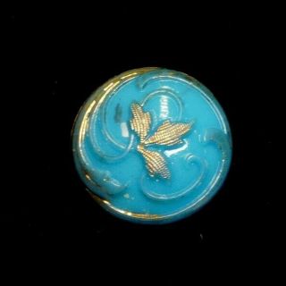 Antique Victorian Glass BUTTON Turquoise Blue w Gold 4 Way Metal Shank 1/2 N 2