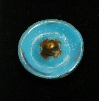 Antique Victorian Glass BUTTON Turquoise Blue w Gold 4 Way Metal Shank 1/2 N 3