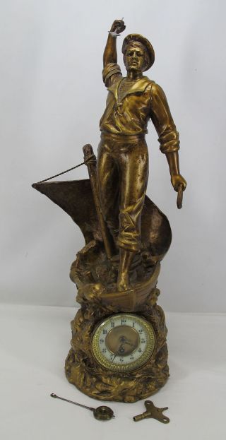 Massive 19th C Antique 29 " French Spelter Statue Whaling Harpooner Clock Nr Yqz