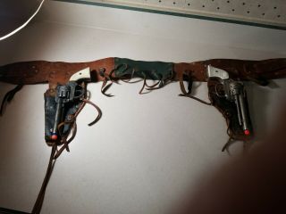 Vintage Heavy Cast Iron Toy Cap Guns W/ Leather Fringe Double Holster