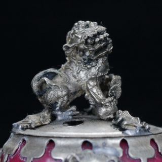 Chinese Tibetan Silver Inlaid Jade Handwork Lion Incense Burner