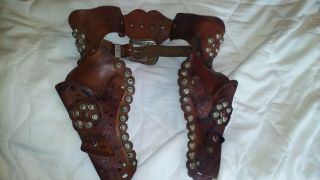 Vtg 1950 Kids Texas Ranger Cowboy Tooled Leather Gun Holster Metal Studs Jewels