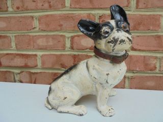 Antique Hubley Cast Iron Boston Terrier Sitting Doorstop 7 7/8 " Leather Collar