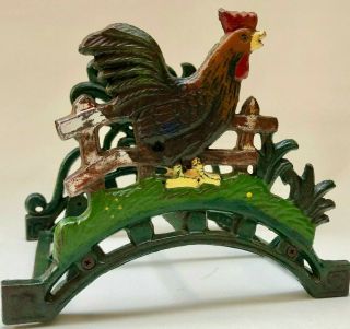 Vintage French Decorative Cast Iron Hose Pipe Reel With A Country Scene Chicken